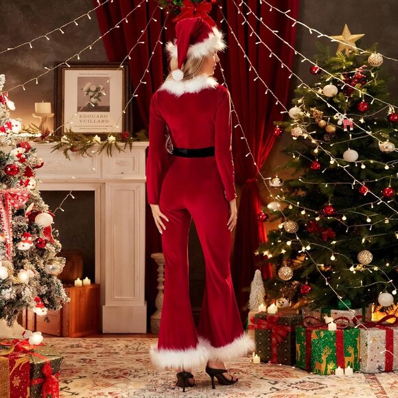 Womens Santa Claus Jumpsuit Christmas Velvet Romper with Hat Belt Cosplay - Picture 8 of 8